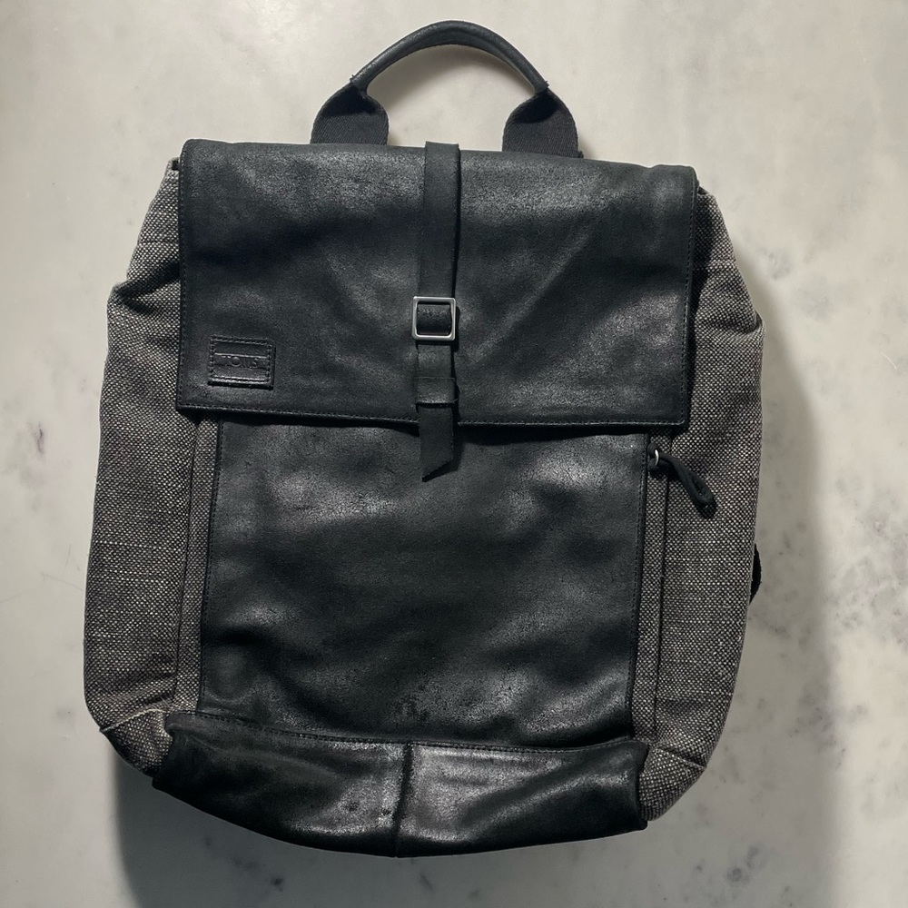 Toms backpack black leather gray canvas